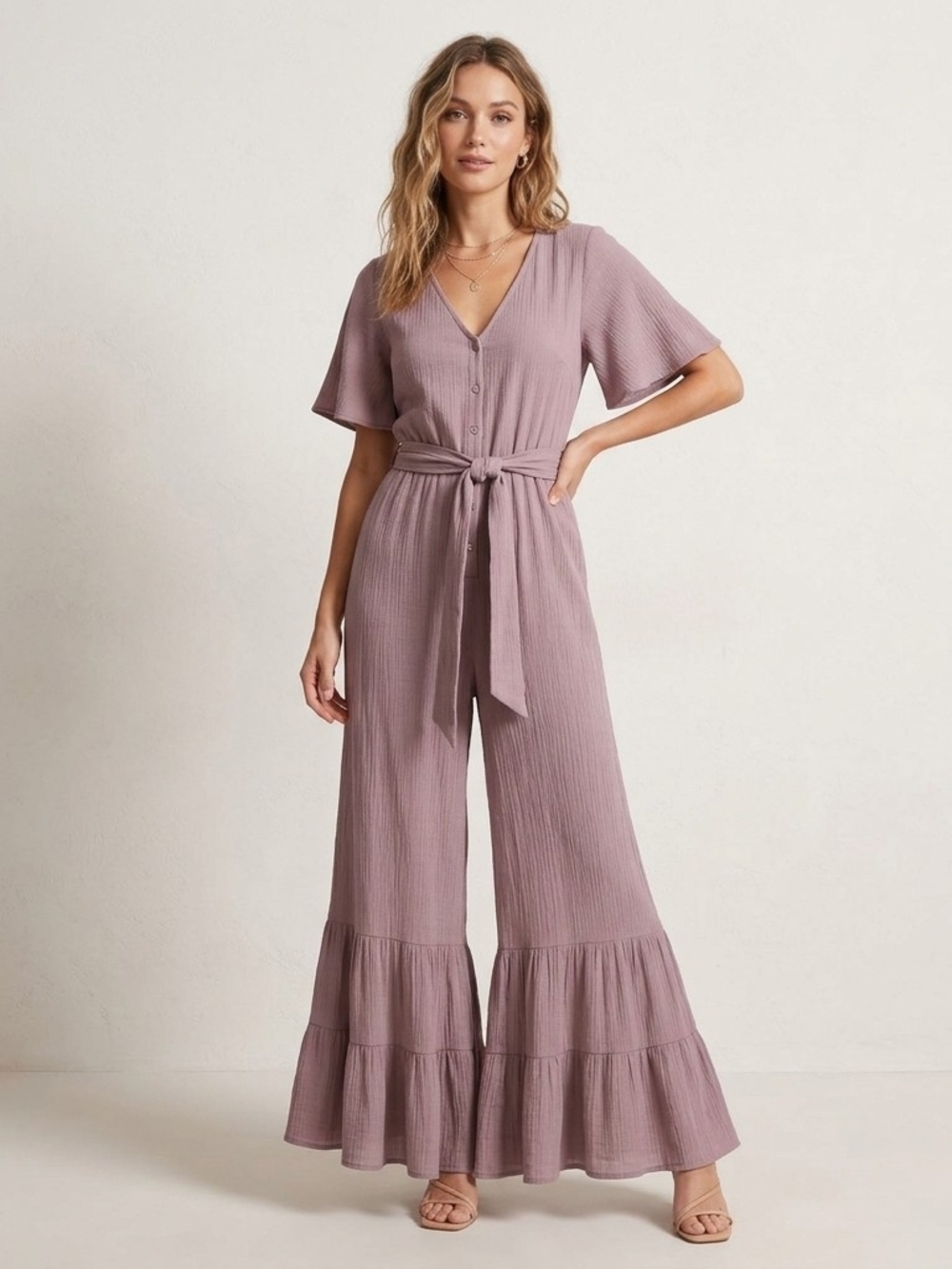 Umgee Tie-Waist V-Neck Wide-Leg Jumpsuit — Mauve Pink